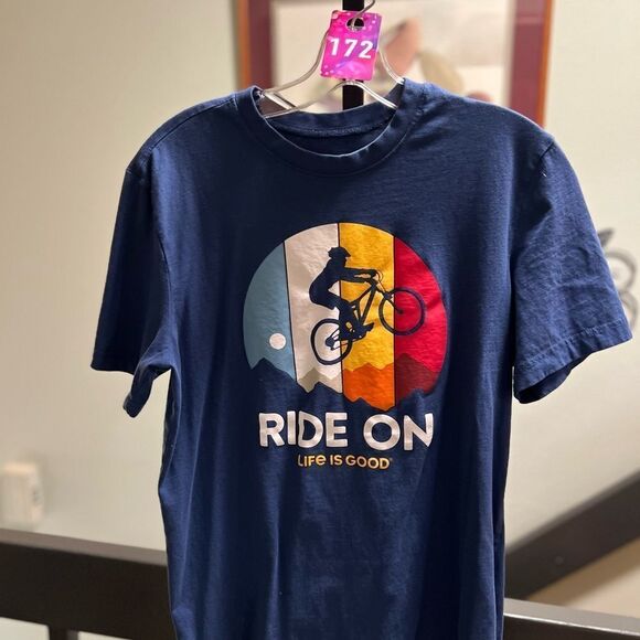 If Life Is Good Navy Blue Short Sleeve Tee with Bicycle Graphic “Ride On” #172 - Picture 5 of 5